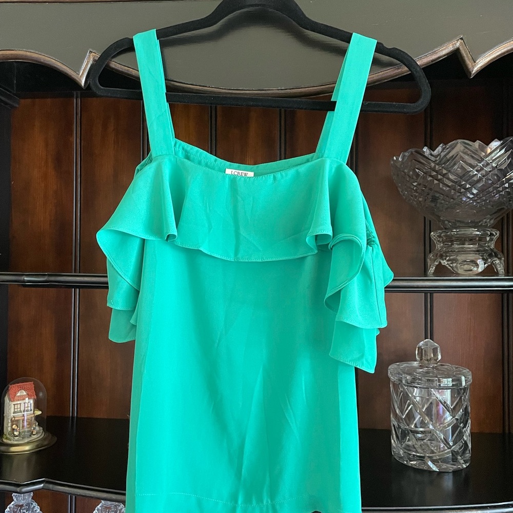 NWT j crew ruffled off shoulder poly green blouse Size 6